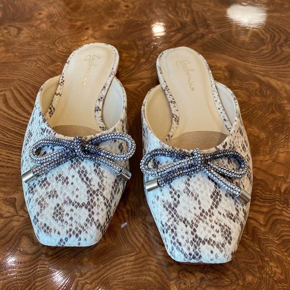 Excellent Condition Guilhermina Anthropologie Snakeskin Mules with Bow